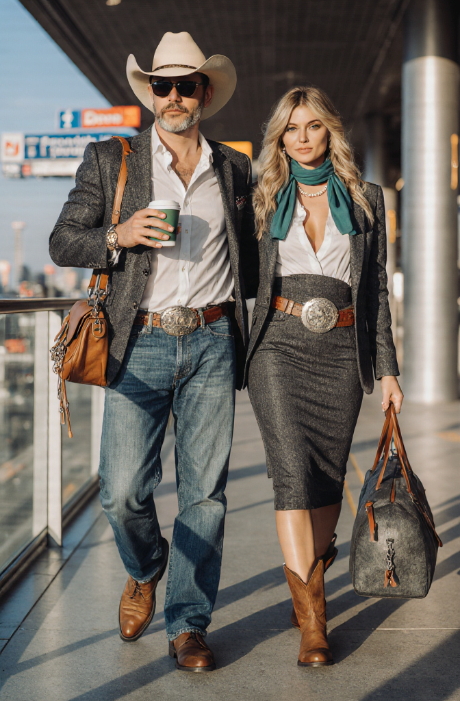Modern Day Cowboy Jetsetter Couple Create A Full Body Cinematic Portrait Using The Provided Selfie A 4bf04cce Ed69 4409 Bf94 7b6b03275081
